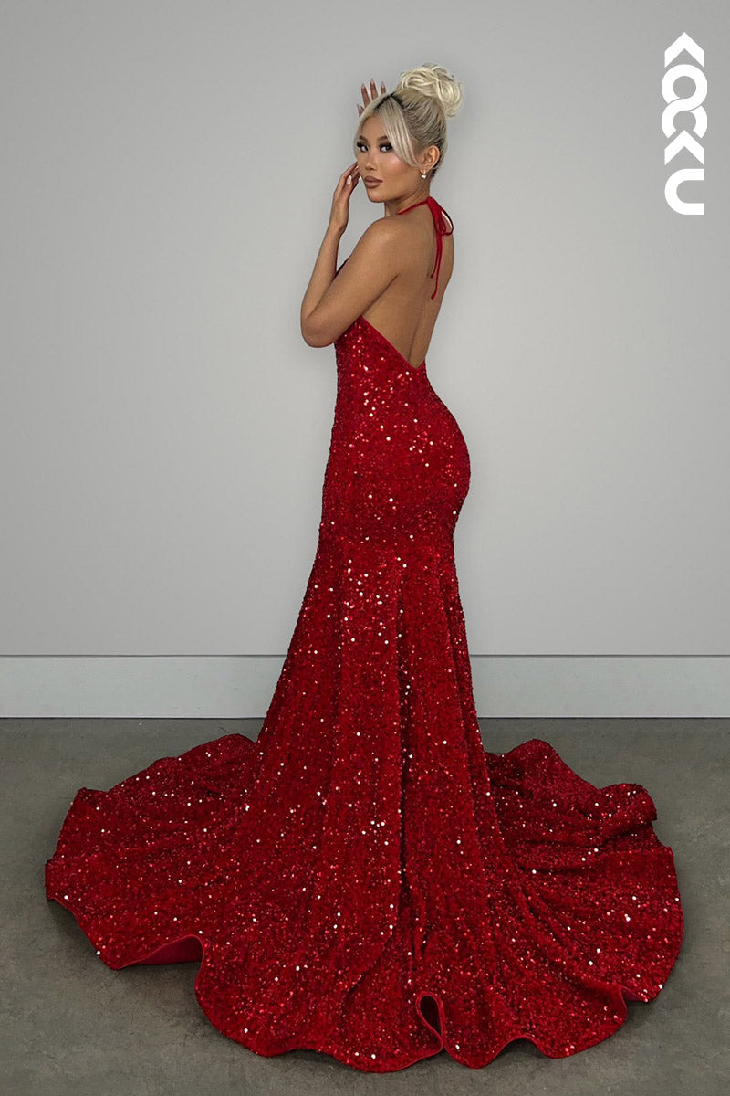 L2142 - V-Neck Halter Backless Sequins Mermaid Long Prom Evening Dress With Sweep Train