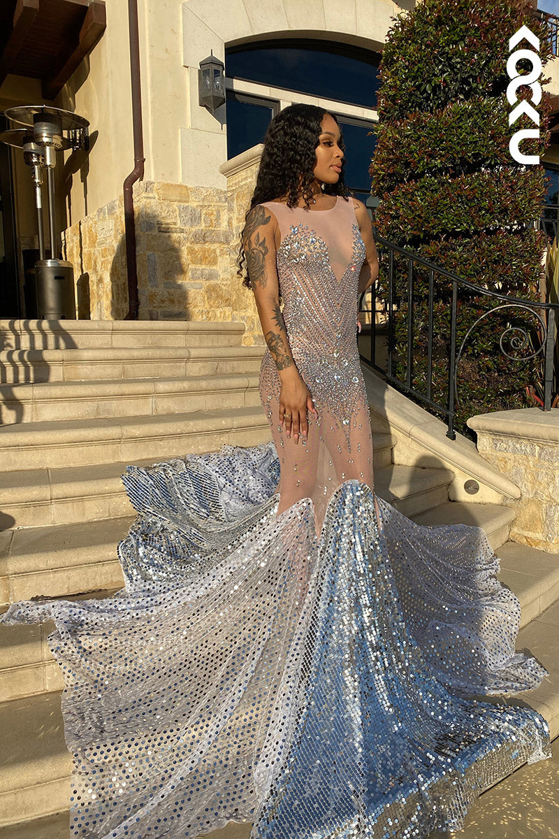 L2143 - Scoop Sleeveless Beaded Sheer Tulle Mermaid Long Prom Dress With Sweep Train
