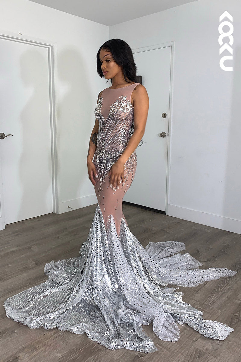 L2143 - Scoop Sleeveless Beaded Sheer Tulle Mermaid Long Prom Dress With Sweep Train