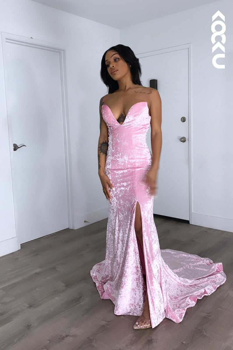 L2144 - Sweetheart Strapless Sleeveless Velvet Sheath Long Prom Evening Dress With Slit