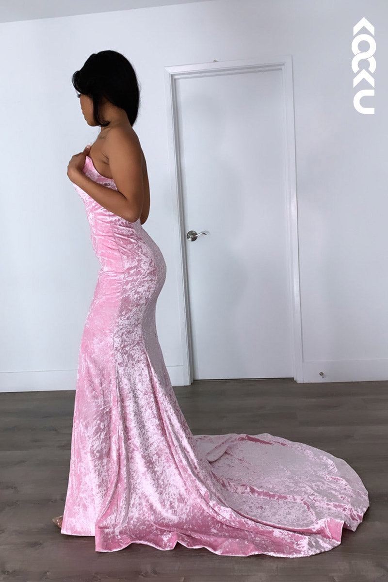 L2144 - Sweetheart Strapless Sleeveless Velvet Sheath Long Prom Evening Dress With Slit