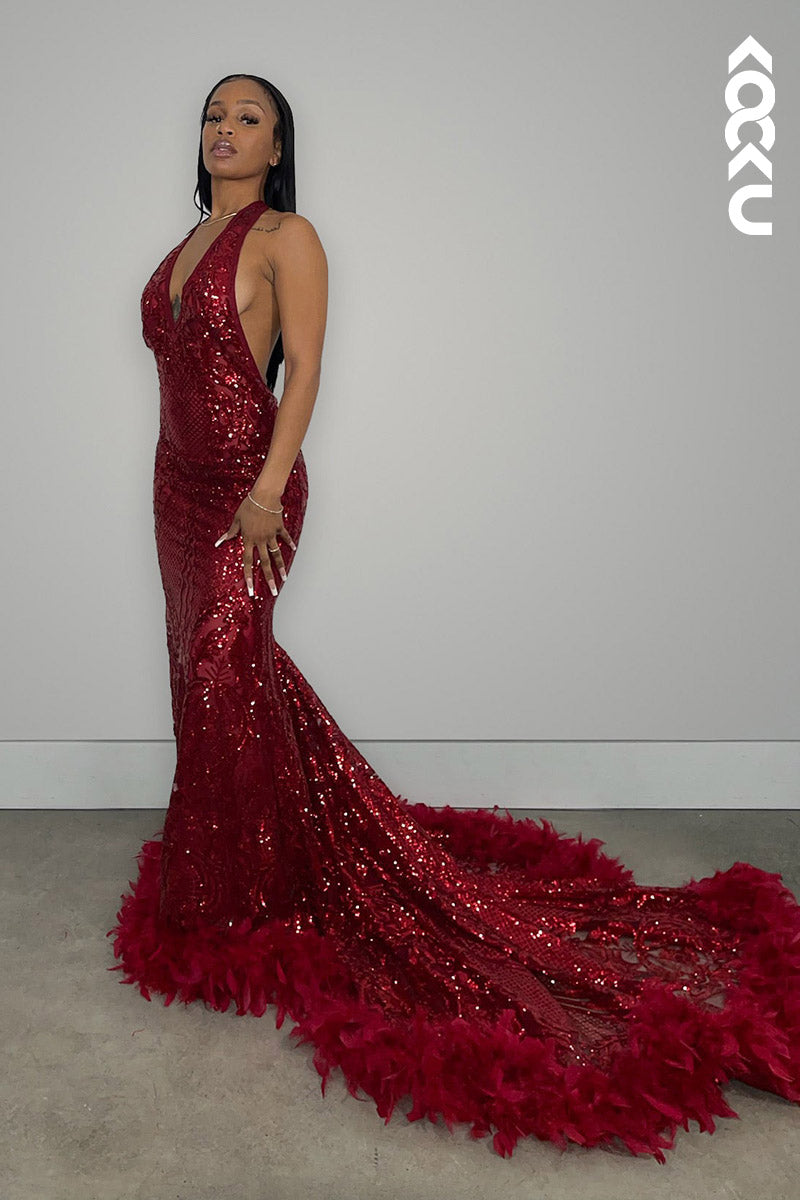 L2147 - V-Neck Halter Backless Sequins Sheer Tulle Feather Mermaid Long Prom Dress