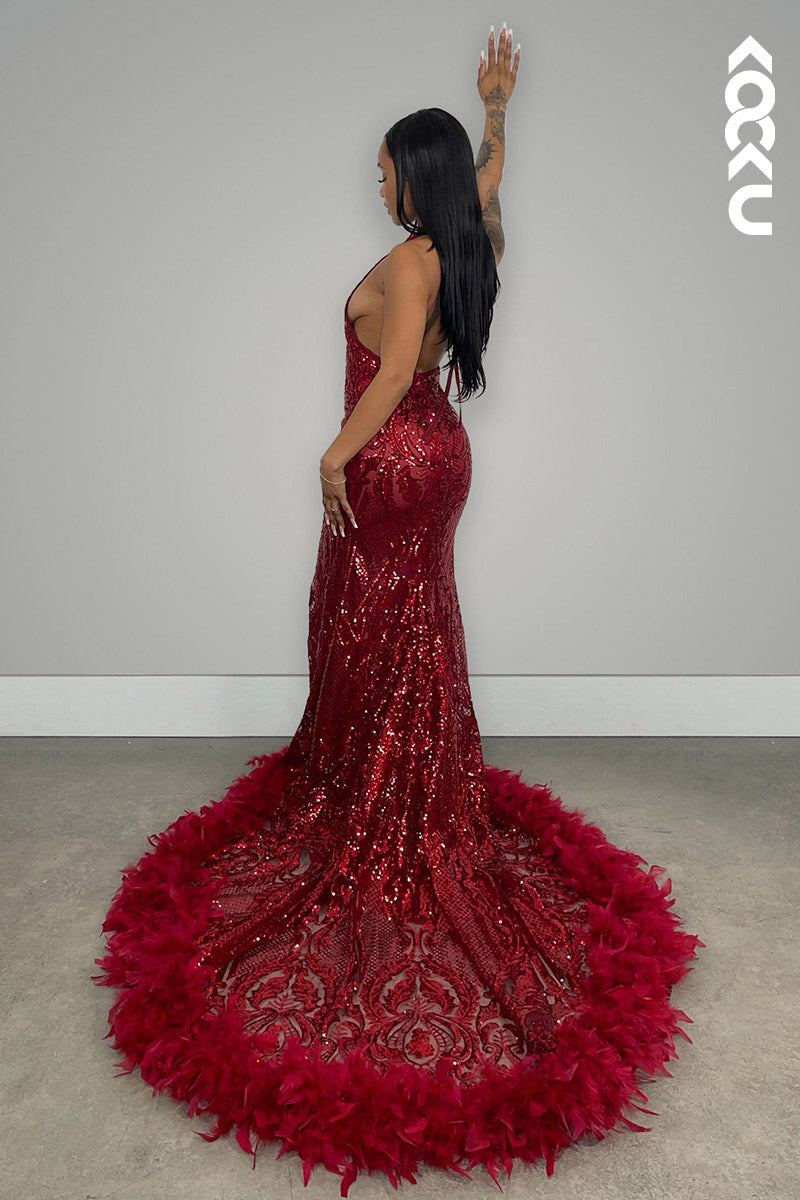 L2147 - V-Neck Halter Backless Sequins Sheer Tulle Feather Mermaid Long Prom Dress