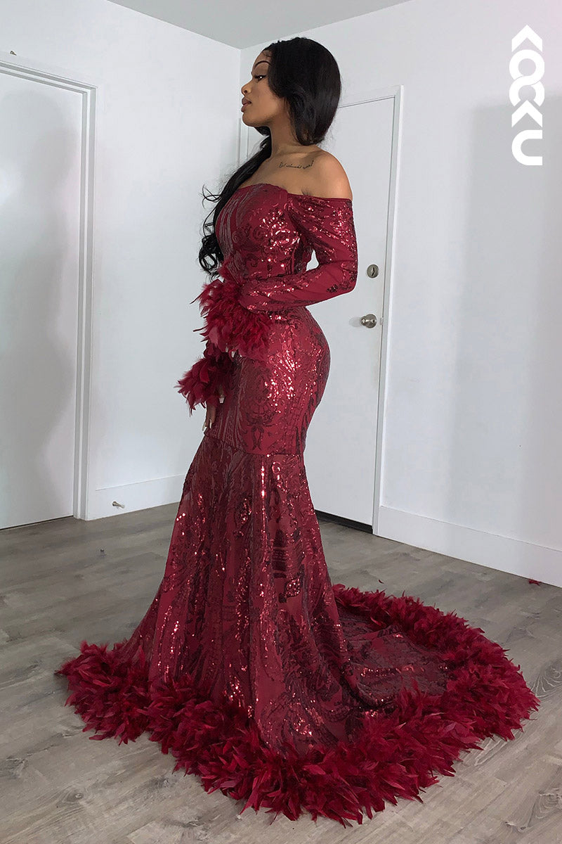 L2148 - Off-Shoulder Long Sleeves Sequins Tulle Feather Mermaid Long Prom Evening Dress