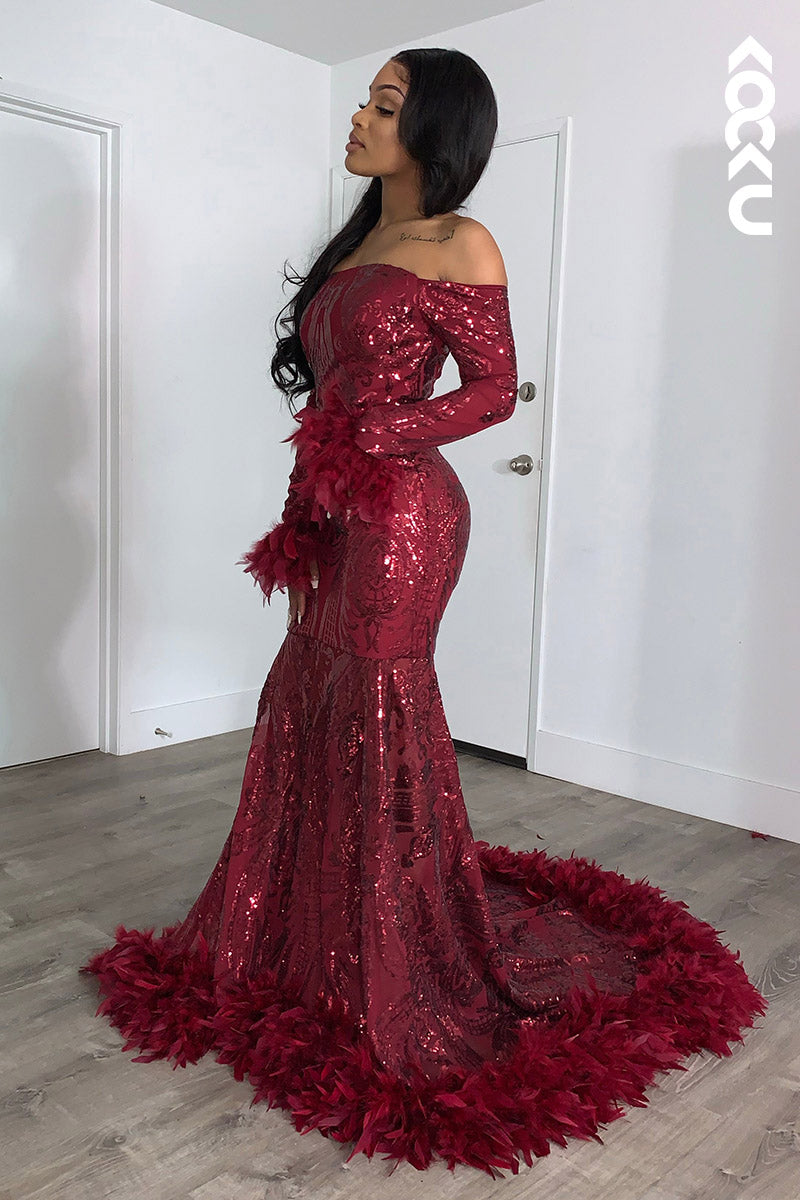 L2148 - Off-Shoulder Long Sleeves Sequins Tulle Feather Mermaid Long Prom Evening Dress