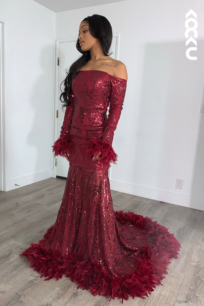 L2148 - Off-Shoulder Long Sleeves Sequins Tulle Feather Mermaid Long Prom Evening Dress