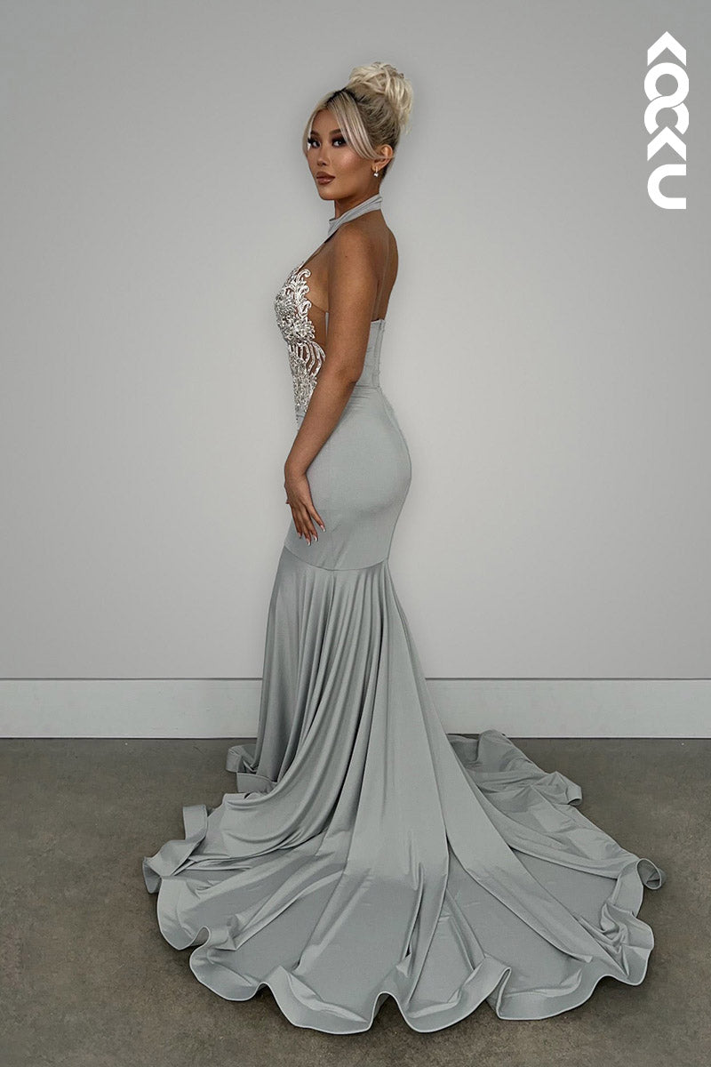 L2149 - High Neck Halter Beaded Appliqued Satin Mermaid Long Prom Evening Dress