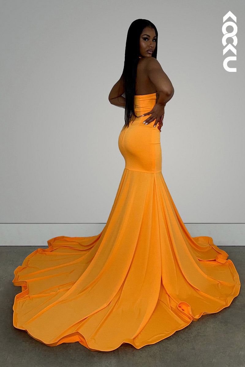 L2149 - High Neck Halter Beaded Appliqued Satin Mermaid Long Prom Evening Dress