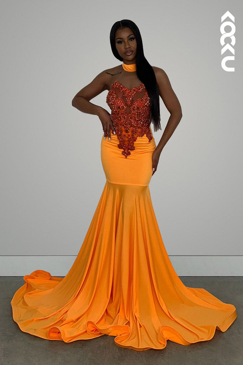 L2149 - High Neck Halter Beaded Appliqued Satin Mermaid Long Prom Evening Dress