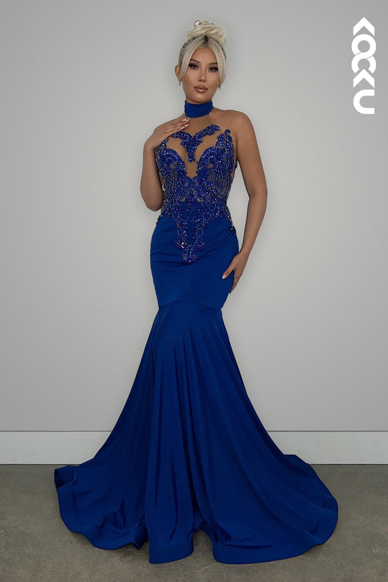 L2149 - High Neck Halter Beaded Appliqued Satin Mermaid Long Prom Evening Dress