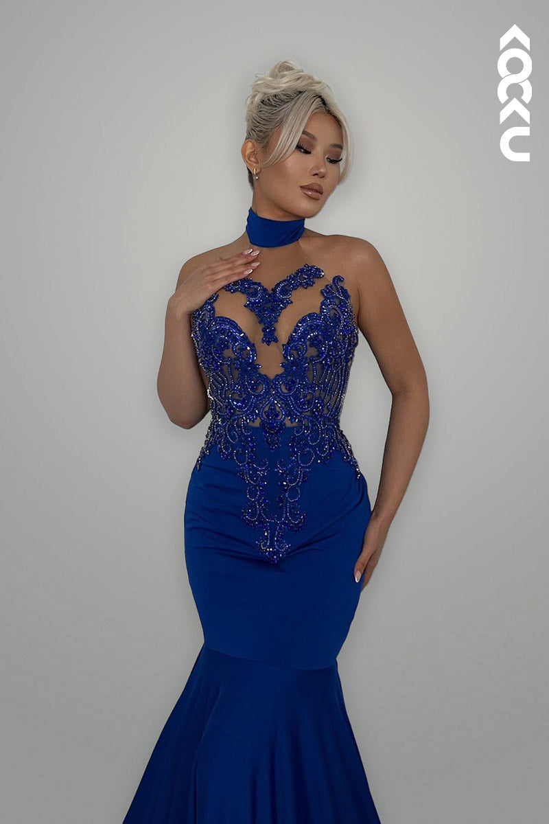L2149 - High Neck Halter Beaded Appliqued Satin Mermaid Long Prom Evening Dress