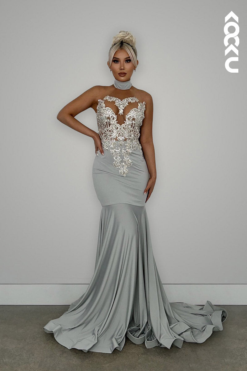 L2149 - High Neck Halter Beaded Appliqued Satin Mermaid Long Prom Evening Dress