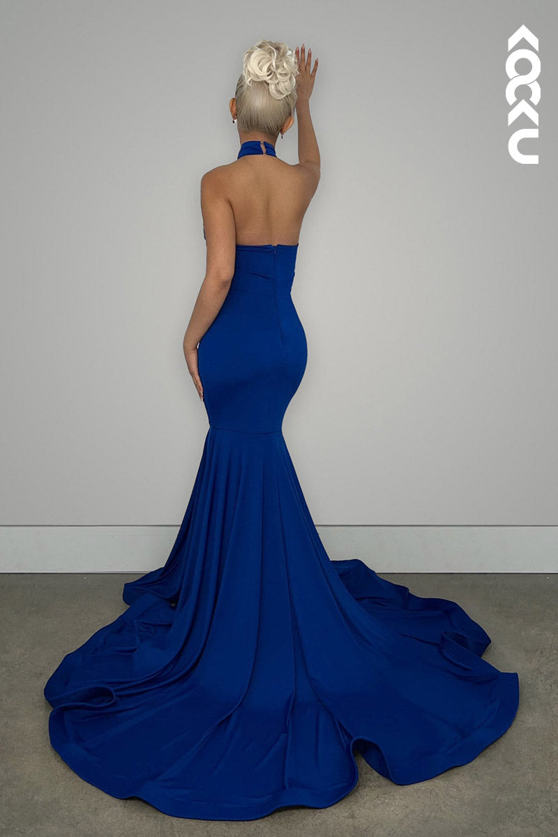L2149 - High Neck Halter Beaded Appliqued Satin Mermaid Long Prom Evening Dress