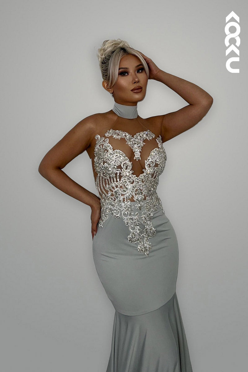 L2149 - High Neck Halter Beaded Appliqued Satin Mermaid Long Prom Evening Dress