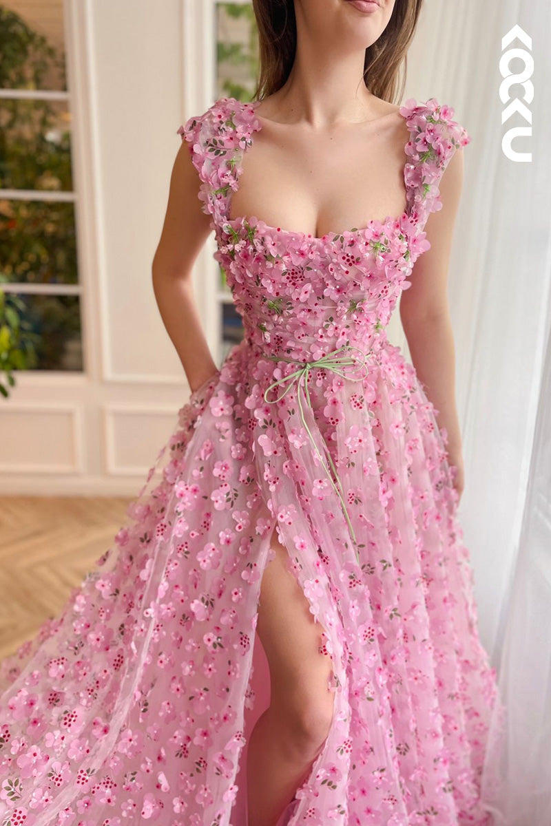 L2151 - A Line Square Neck Floral 3D Lace Pleated A Line Long Prom Evening Dress