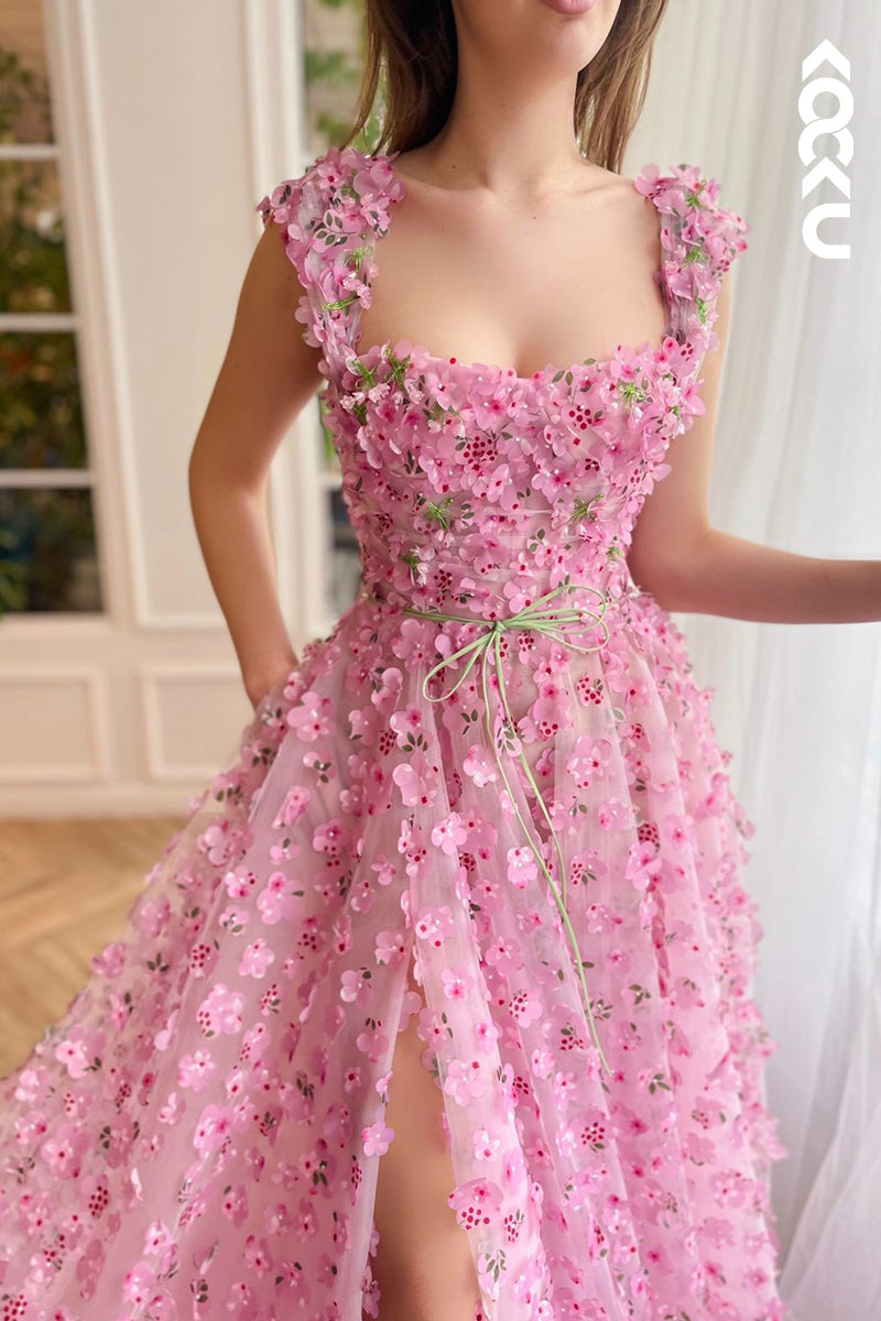 L2151 - A Line Square Neck Floral 3D Lace Pleated A Line Long Prom Evening Dress