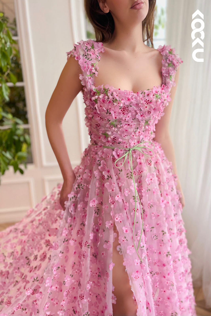 L2151 - A Line Square Neck Floral 3D Lace Pleated A Line Long Prom Evening Dress