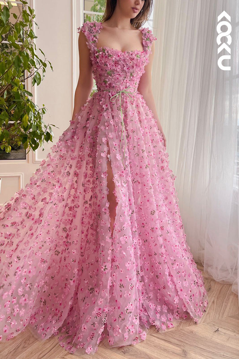 L2151 - A Line Square Neck Floral 3D Lace Pleated A Line Long Prom Evening Dress