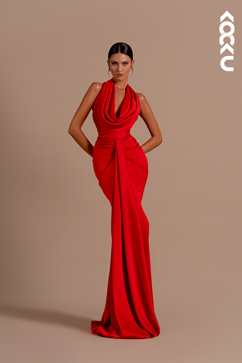 L2163 - Mermaid/Trumpet Halter Backless Satin Long Evening Formal Dress