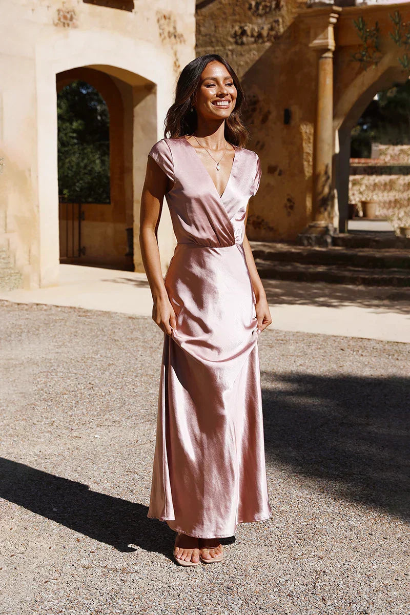 Satin Wrap Deep V-Neck Flutter Sleeve A-Line Maxi Gown