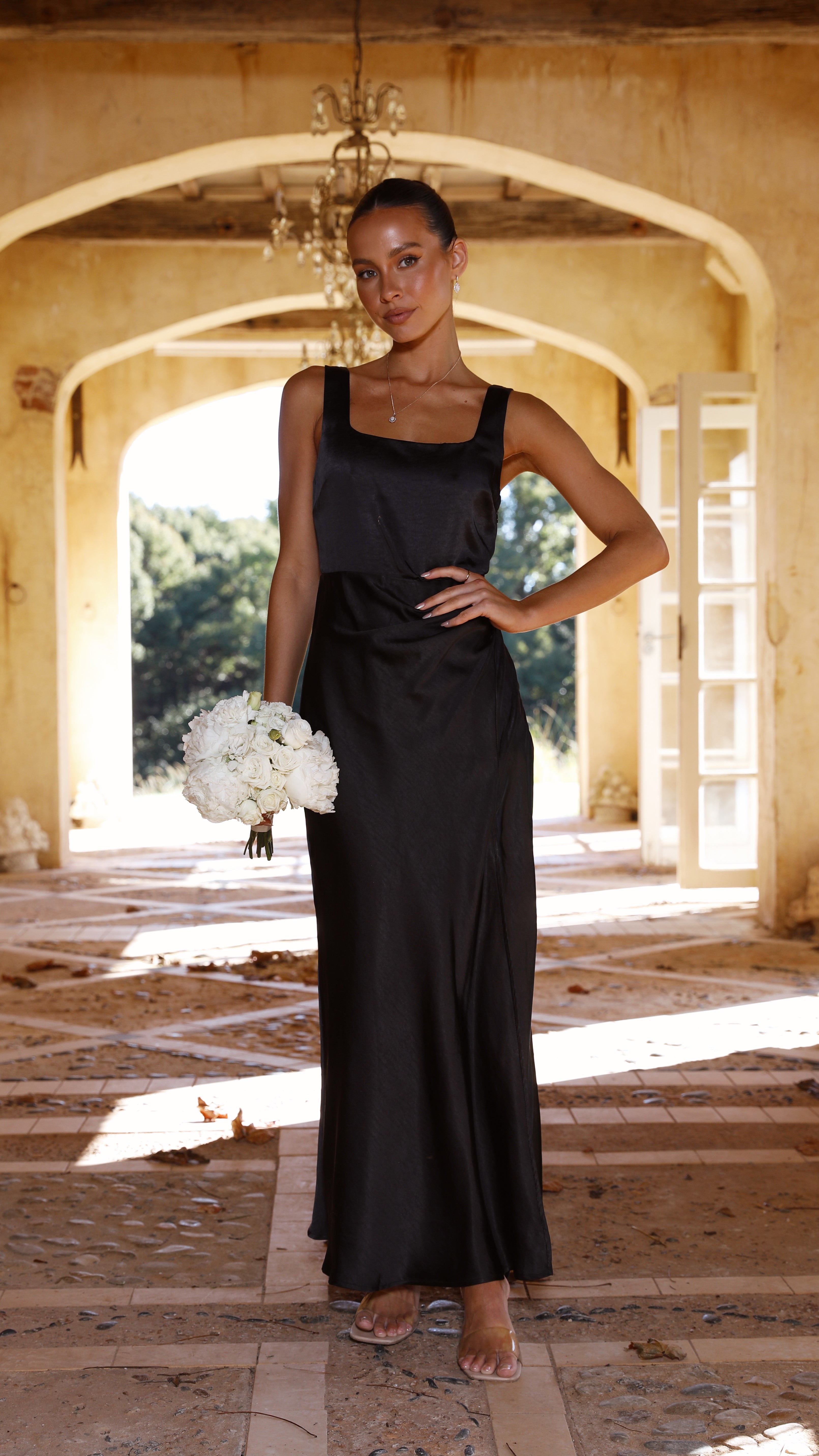 Satin Square Neck Wide Strap Sleeveless High Split Maxi Gown