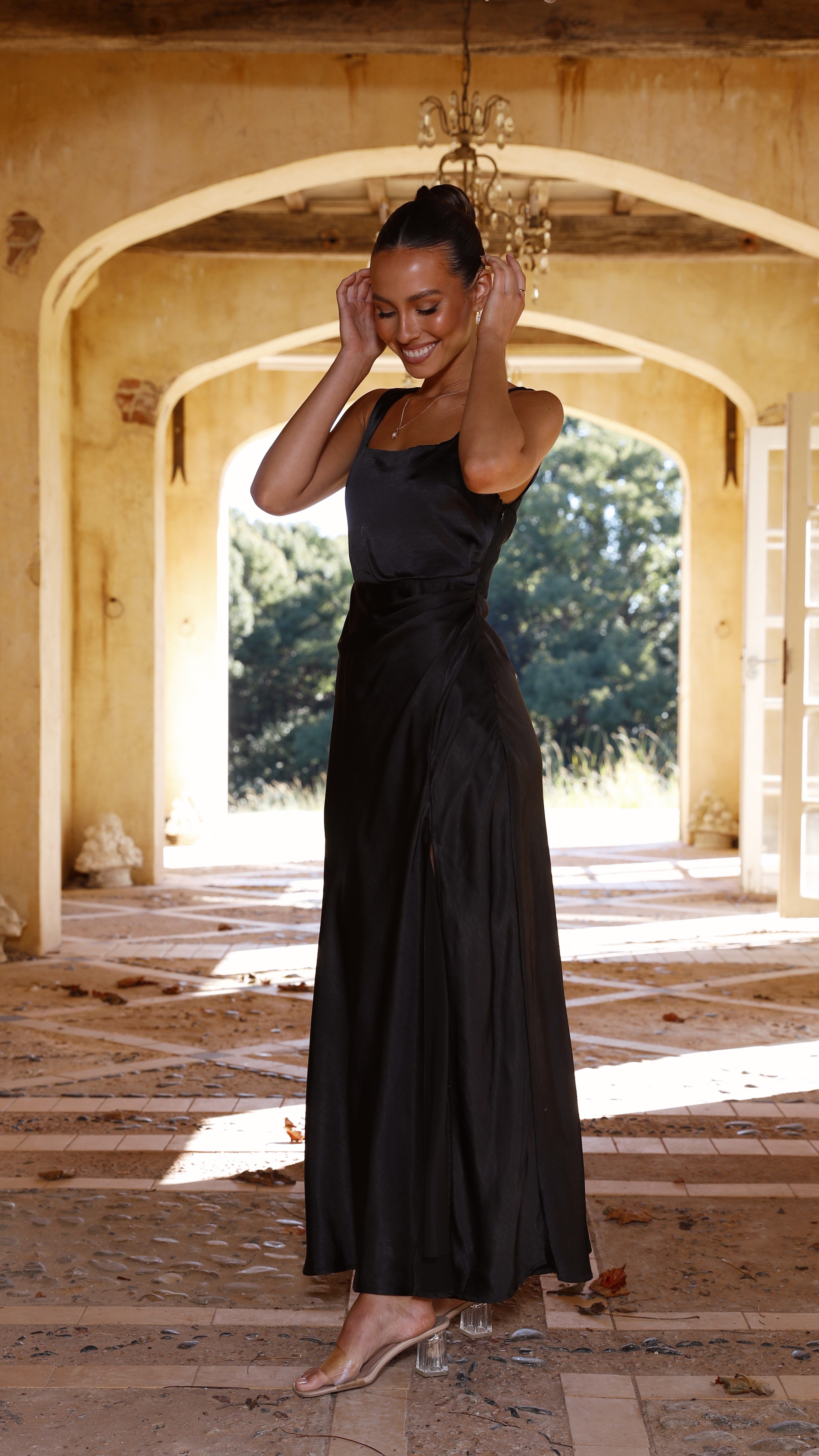 Satin Square Neck Wide Strap Sleeveless High Split Maxi Gown