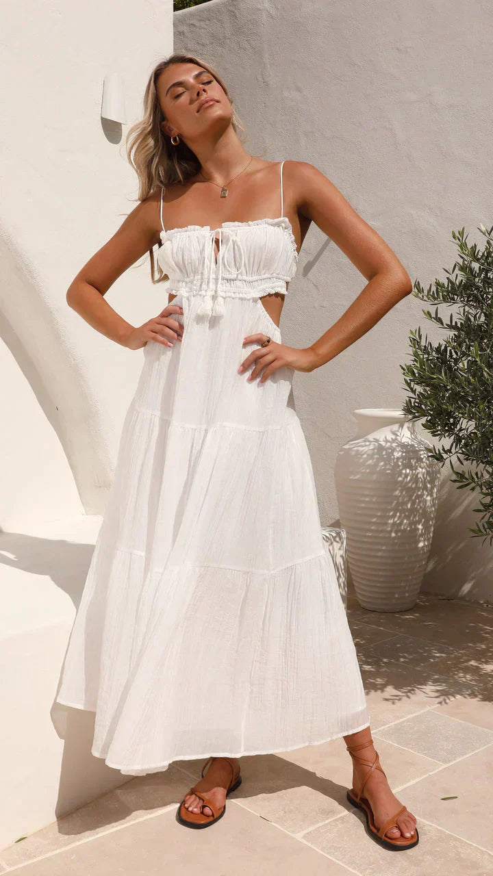 Spaghetti Strap Ruched Drawstring Tie Tassel Waist Cut Out Tiered Maxi Dress