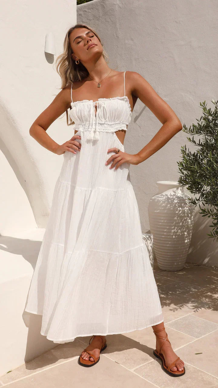 Spaghetti Strap Ruched Drawstring Tie Tassel Waist Maxi Dress 11