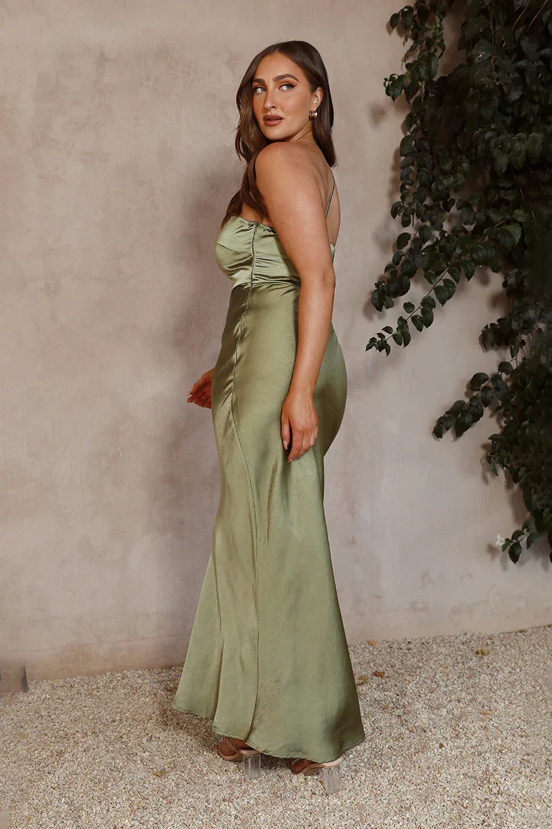 Satin Spaghetti Strap V-Neck Wrap High Split Maxi Gown