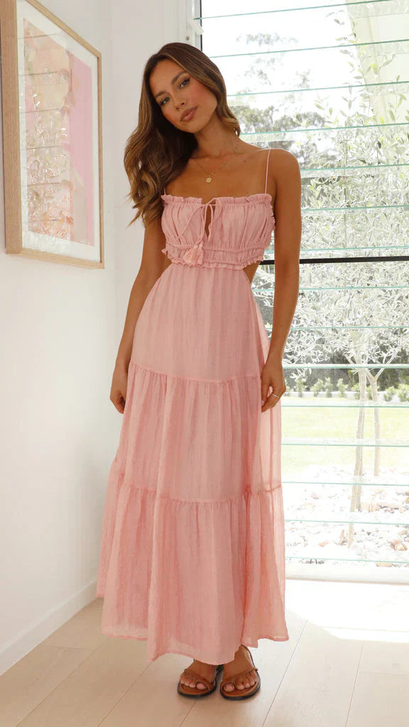 Spaghetti Strap Smocked Keyhole Tie Tassel Waist Cut Out Tiered Maxi Dress