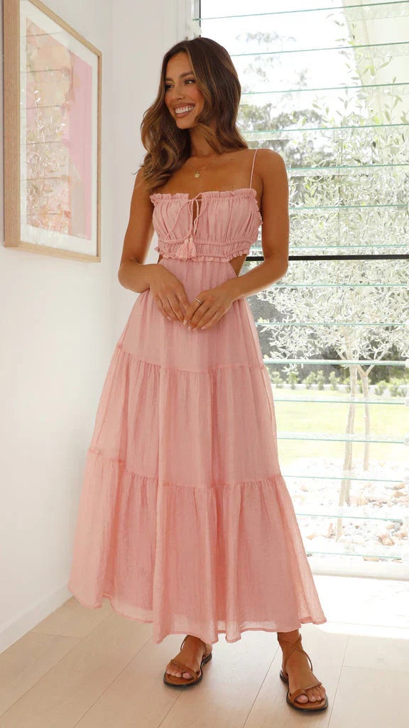 Spaghetti Strap Smocked Keyhole Tie Tassel Waist Cut Out Tiered Maxi Dress