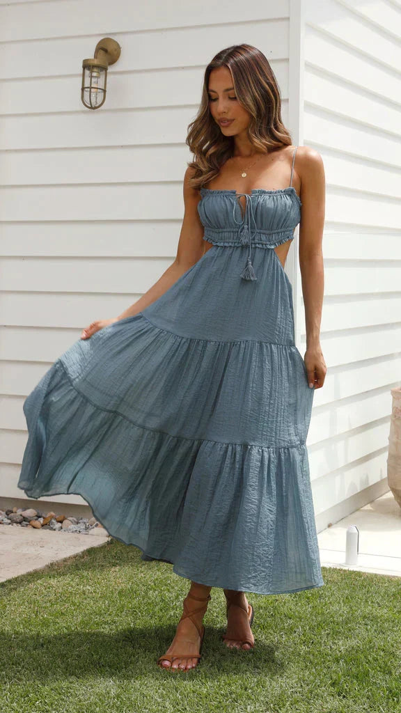 Spaghetti Strap Ruched Drawstring Tie Tassel Waist Maxi Dress 23