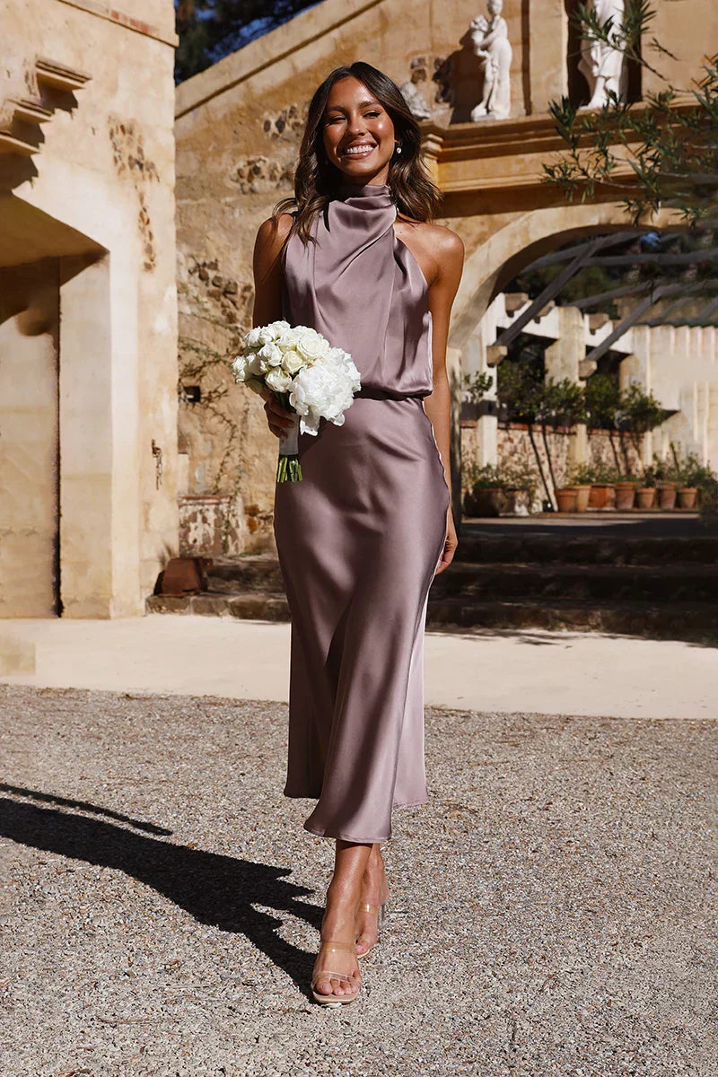 Halter Neck Cowl Draped Satin Column Midi Dress