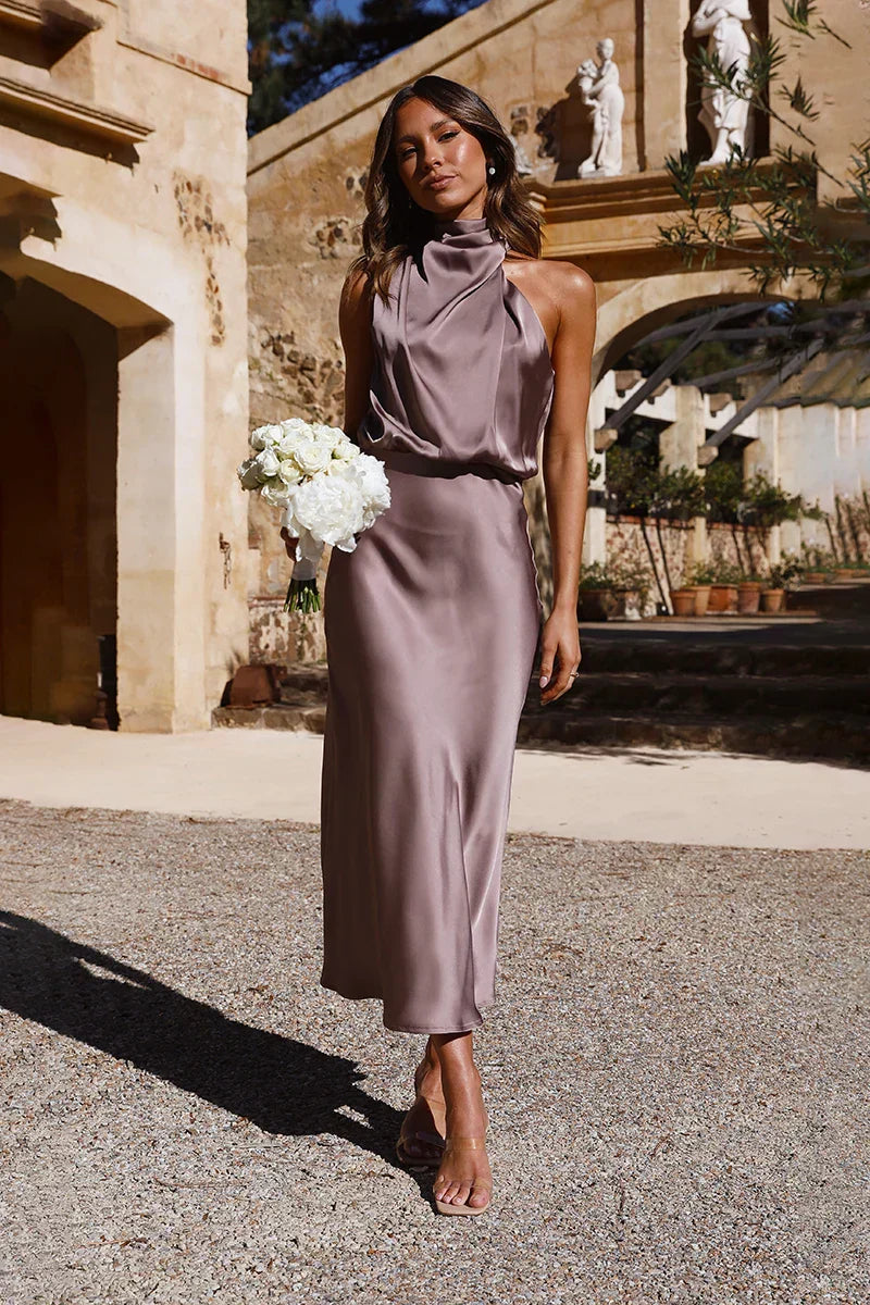 Halter Neck Cowl Draped Satin Column Midi Dress