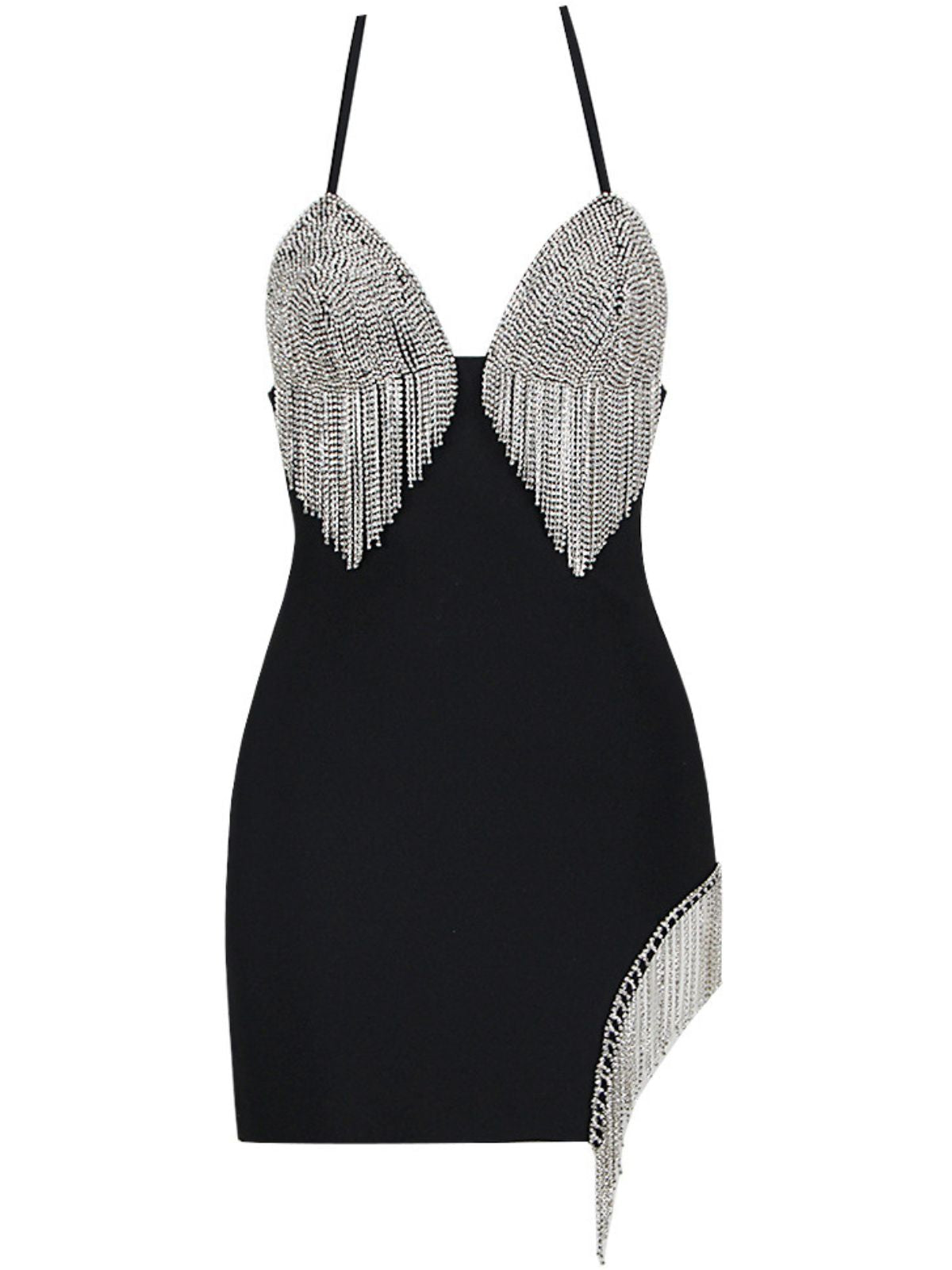 Rhinestone Fringe Halter Neck Bust Cup Asymmetric Hem Bandage Mini Dress