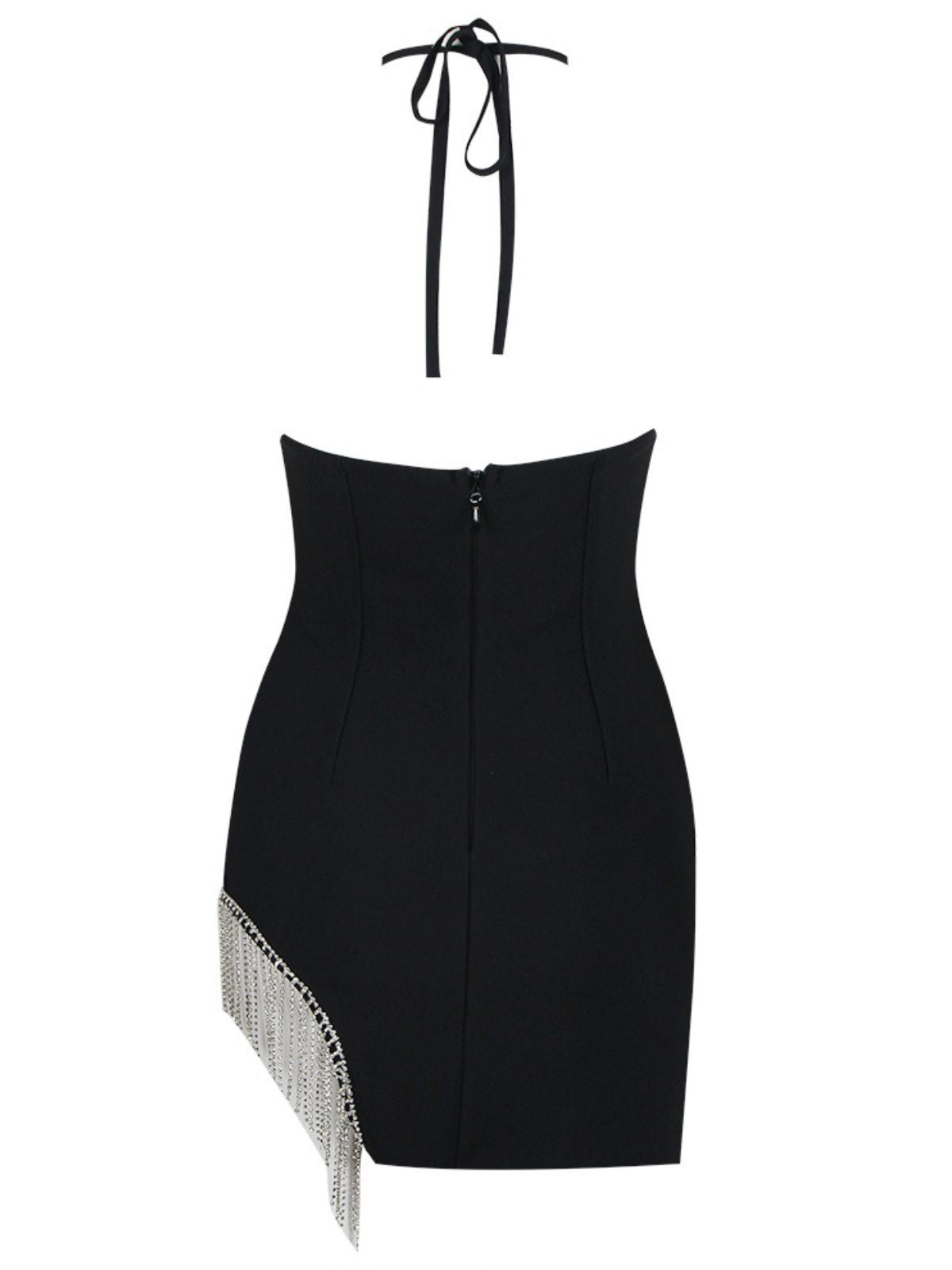 Rhinestone Fringe Halter Neck Bust Cup Asymmetric Hem Bandage Mini Dress