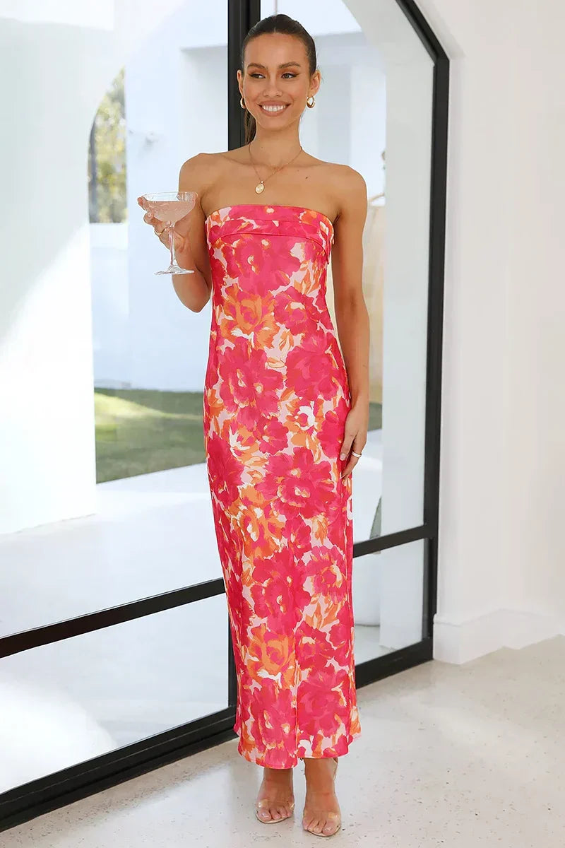 Strapless Foldover Bust Large Floral Print Column Midi Dress