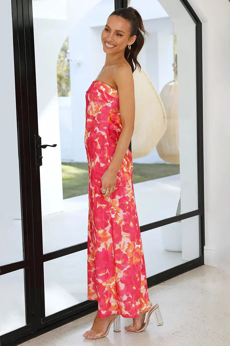 Strapless Foldover Bust Large Floral Print Column Midi Dress