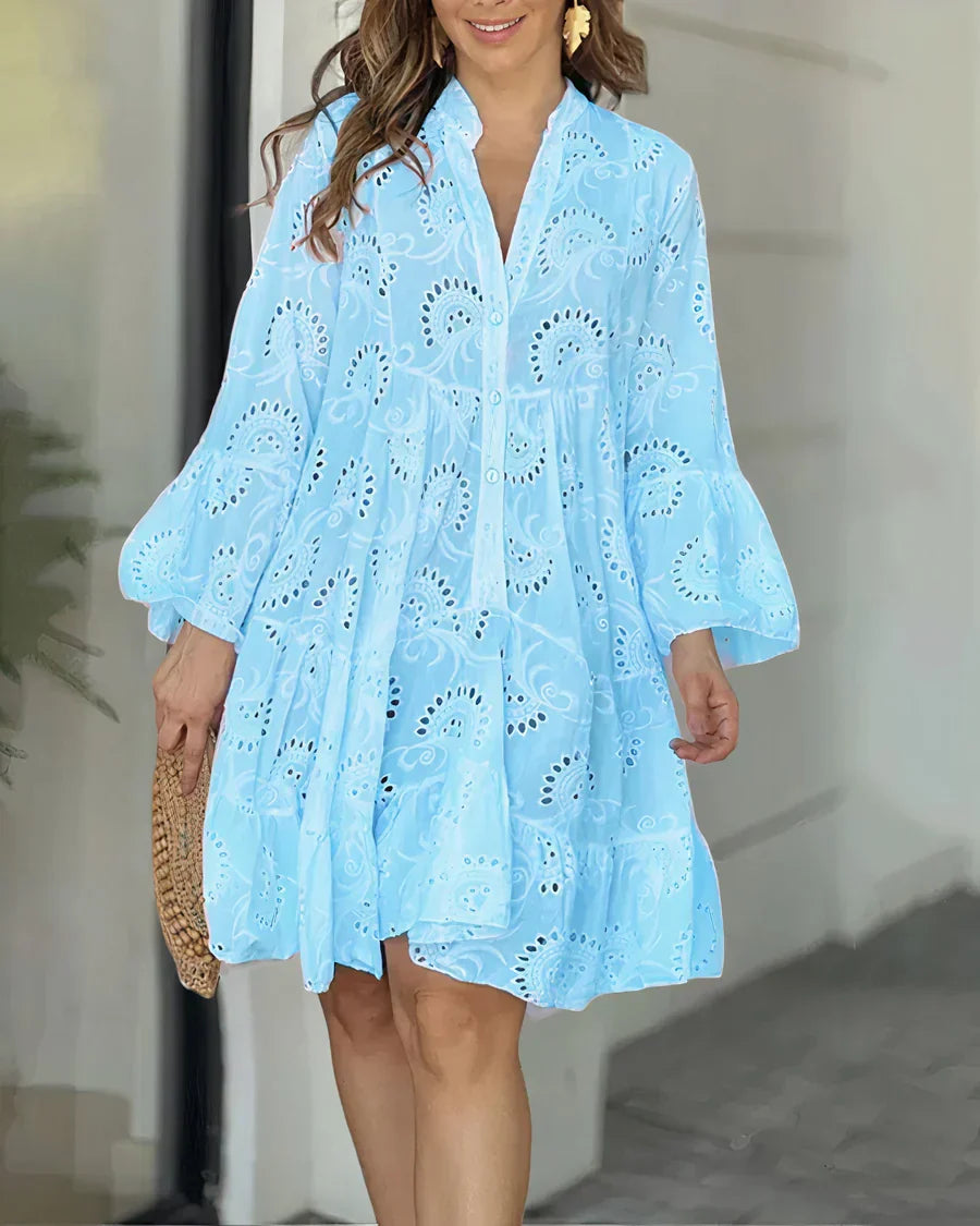 Eyelet Embroidery V-Neck Button Front Tiered Bell Sleeve Mini Dress