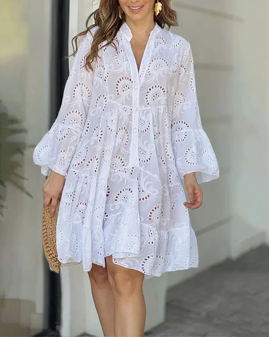 Eyelet Embroidery V-Neck Button Front Tiered Bell Sleeve Mini Dress