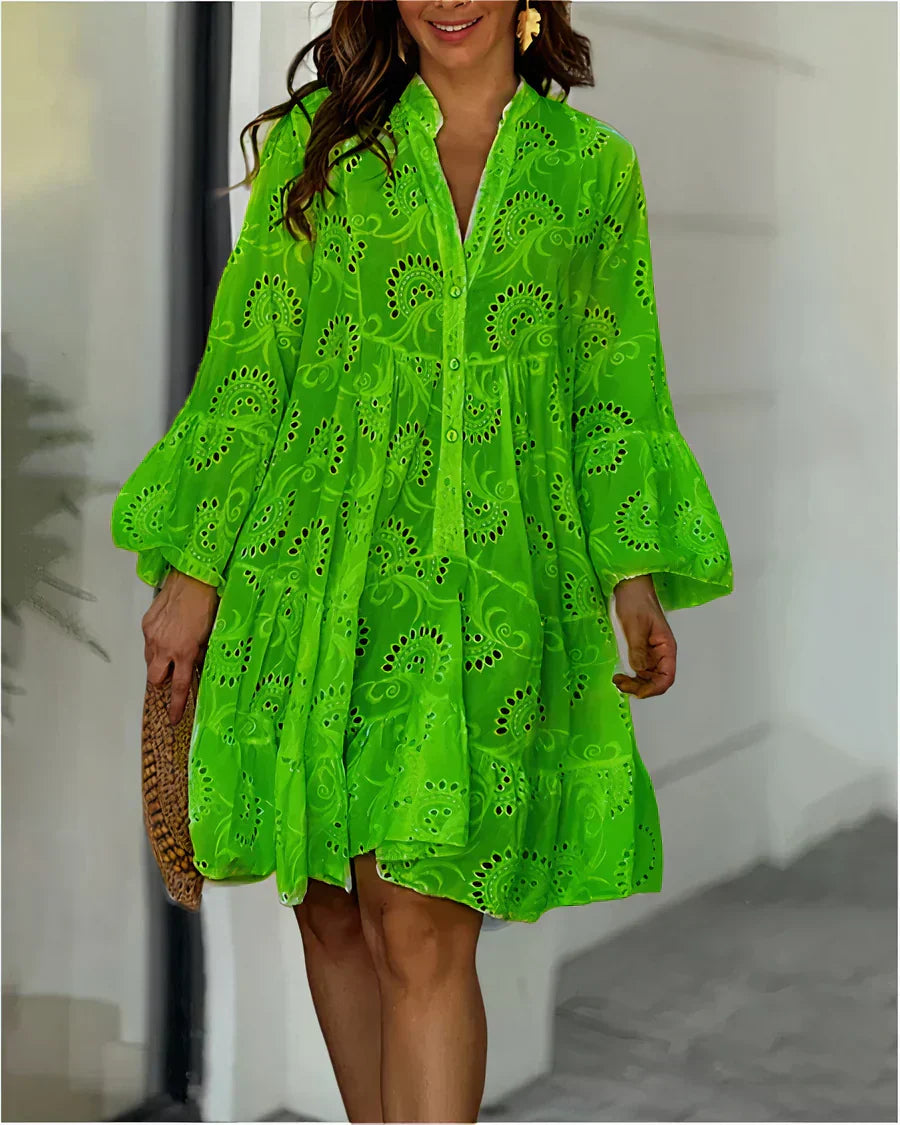 Eyelet Embroidery V-Neck Button Front Tiered Bell Sleeve Mini Dress