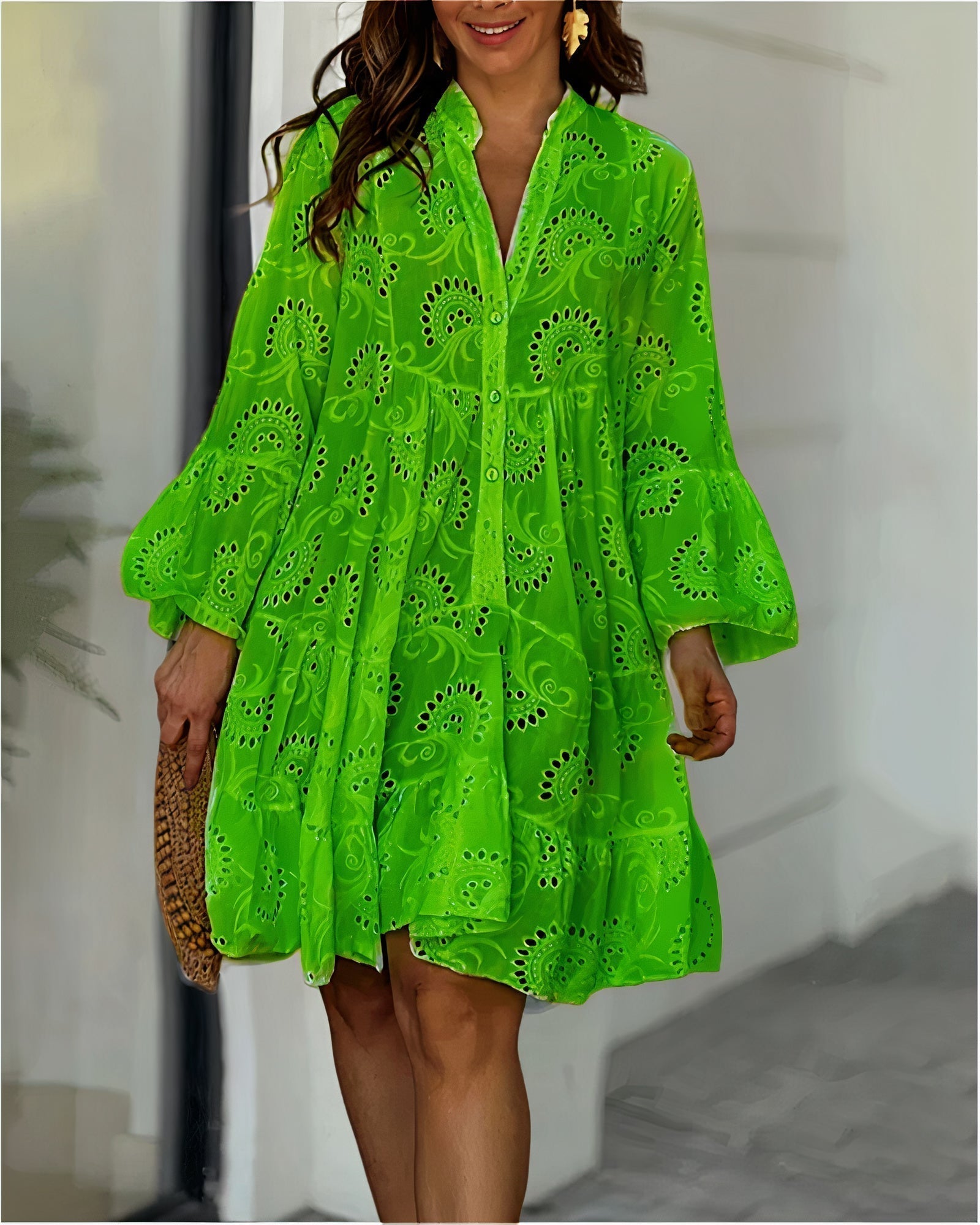Eyelet Broderie Anglaise Button Down Tiered Balloon Sleeve Mini Dress