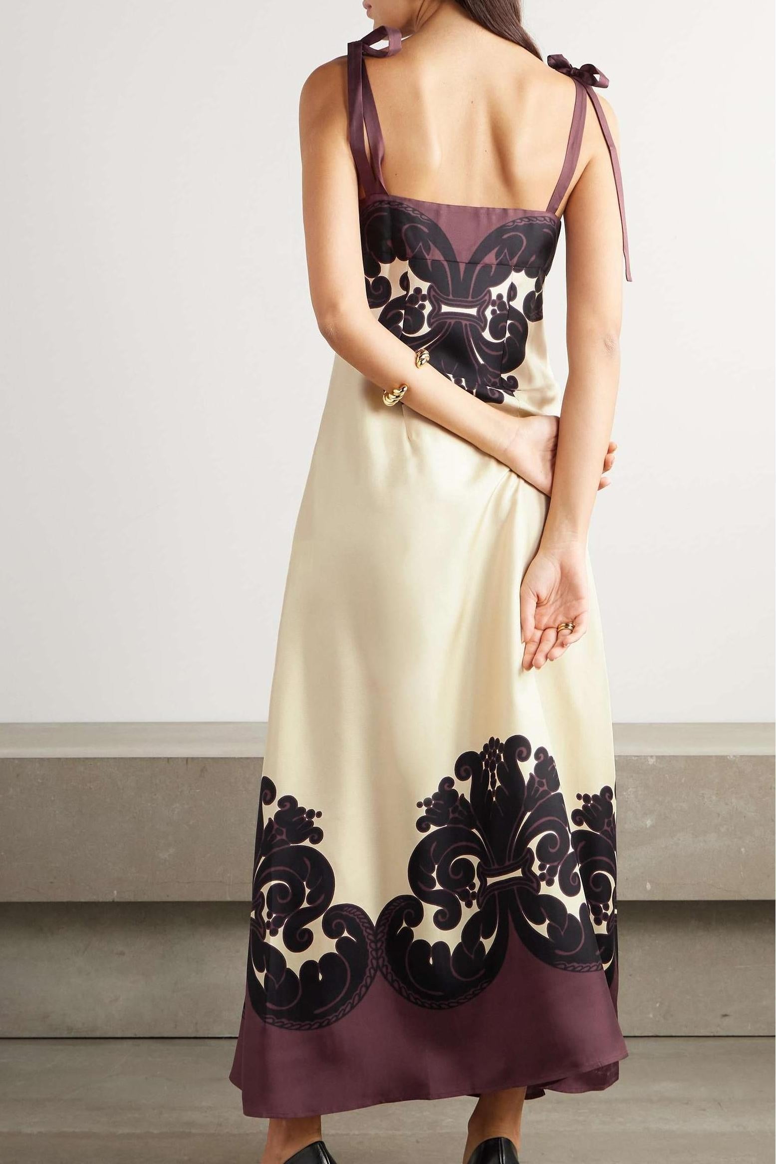 Damask Border Print Spaghetti Tie Strap V-Neck High Split Midi Dress