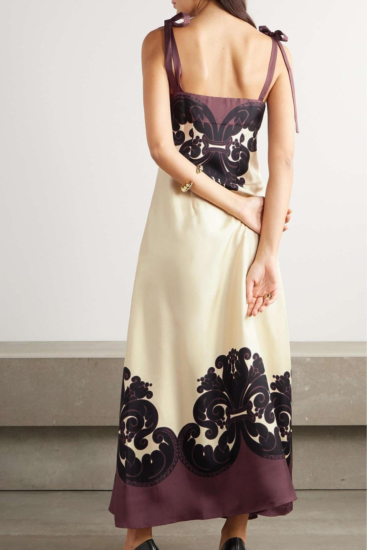 Damask Border Print Tie Shoulder V-Neck High Split Midi Dress - View 2