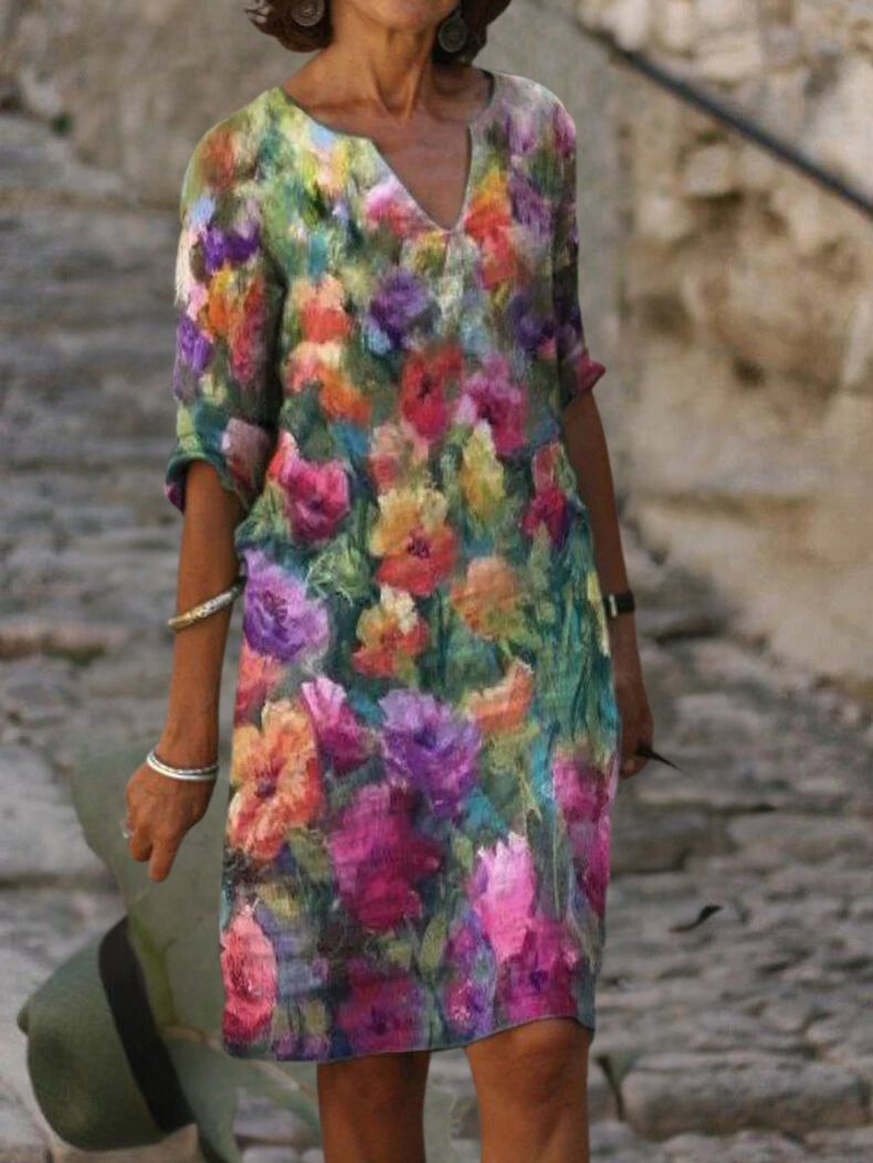 Floral Notch Neck Half Sleeve Shift Midi Dress