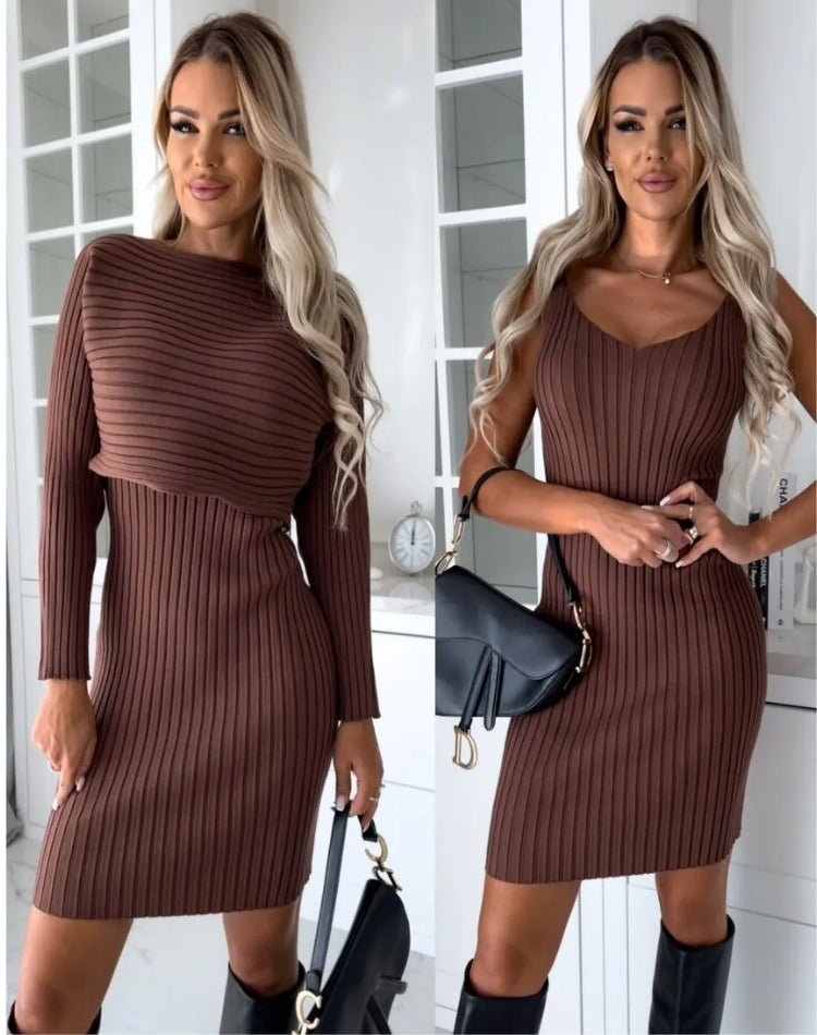 Ribbed Knit V-Neck Spaghetti Strap Bodycon Midi Dress