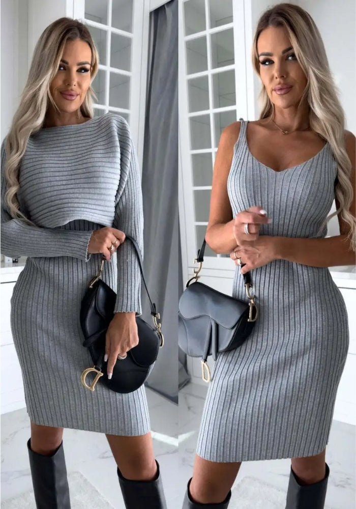Ribbed Knit V-Neck Spaghetti Strap Bodycon Midi Dress