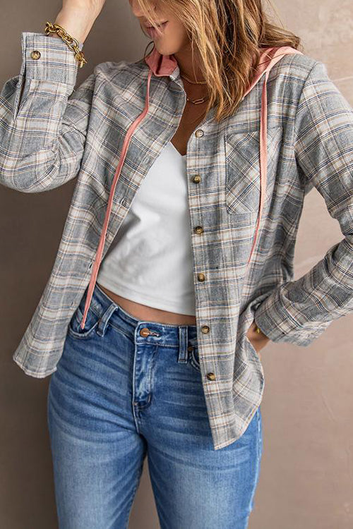 Flannel Plaid Button Down Hoodie Top