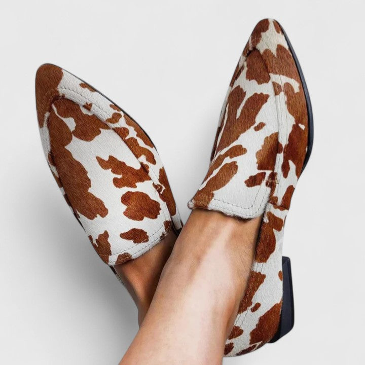 Cow Print Pointed Toe Flat Loafers