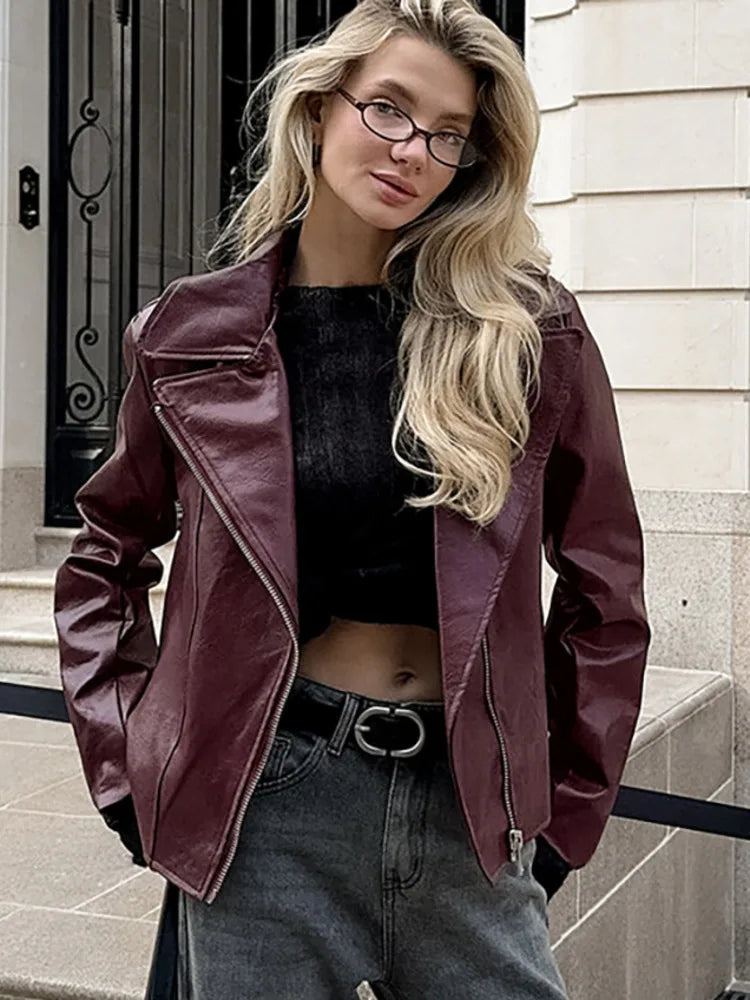 Faux Leather Notched Lapel Asymmetric Zip Front Moto Jacket